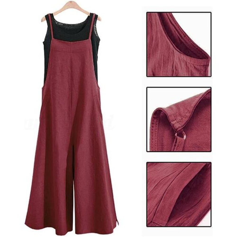 Women Loose Long Bib Pants Wide Leg Jumpsuits Red - Picture 4 of 5